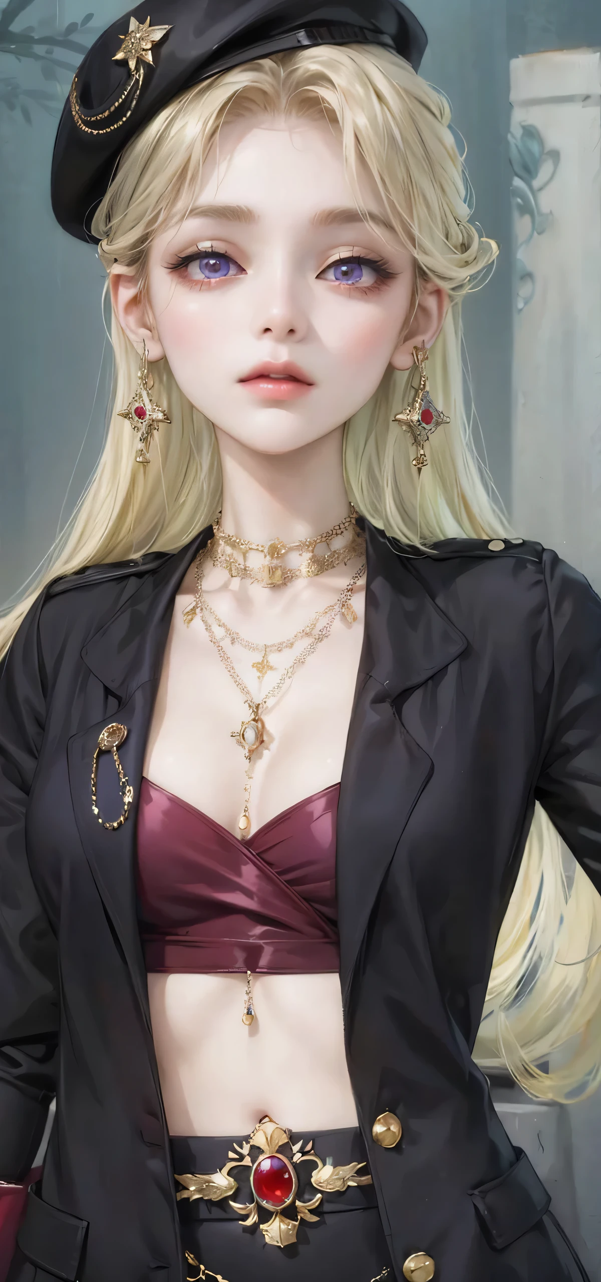 (masterpiece, top quality, best quality, official art, enchanting and aesthetic:1.2), 1female, light hair, purple eyes, black jacket, red tube top, jewelry, tired, expressionless, park background, standing, detailed background, night background
