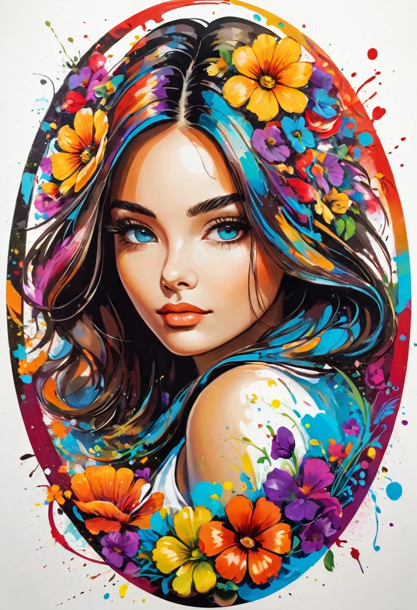 work of art, oval initial art with flowers, downtown, rich and colorful, rich and colorful arte inicial, to tear down、Painting with scattered paint, magical, Stylized abstract portrait of a beautiful girl，Street graffiti, White background