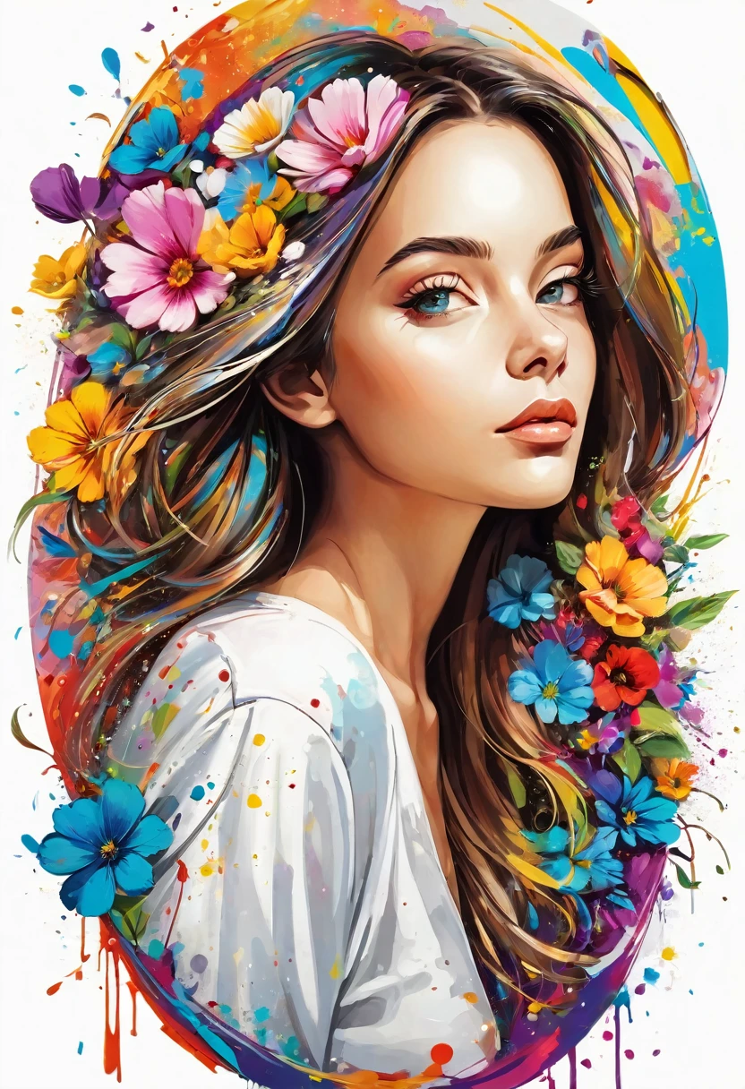 work of art, oval initial art with flowers, downtown, rich and colorful, rich and colorful arte inicial, to tear down、Painting with scattered paint, magical, Stylized abstract portrait of a beautiful girl，Street graffiti, White background