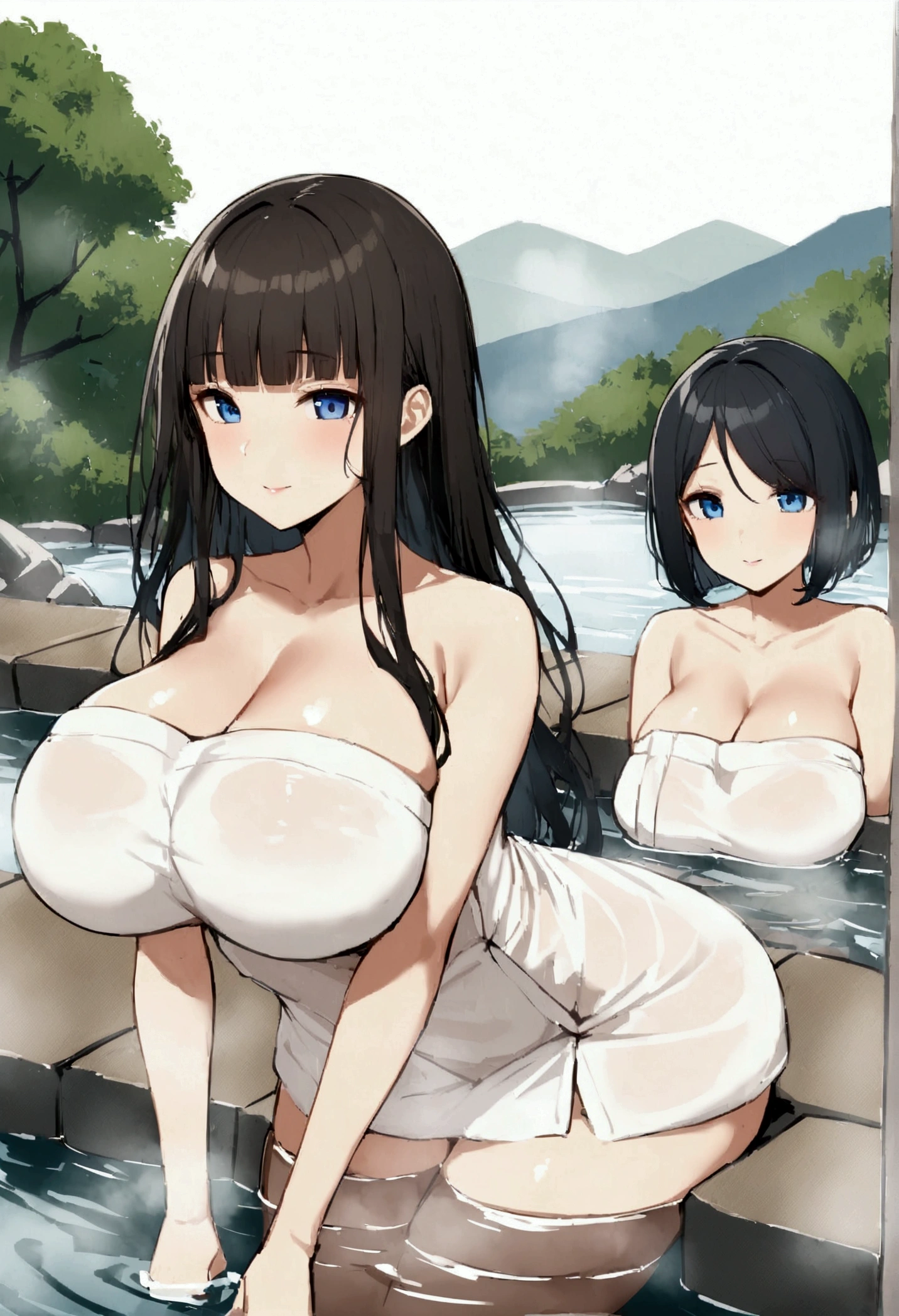 Hime cut with long black hair、Has straight bangs and blue eyes、A girl with big breasts is relaxing in a hot spring。She is soaking in warm water wrapped in a bath towel.。The background features a traditional Japanese hot spring landscape.、Steam rises、Nature is all around。The girl has a calm and satisfied look.。