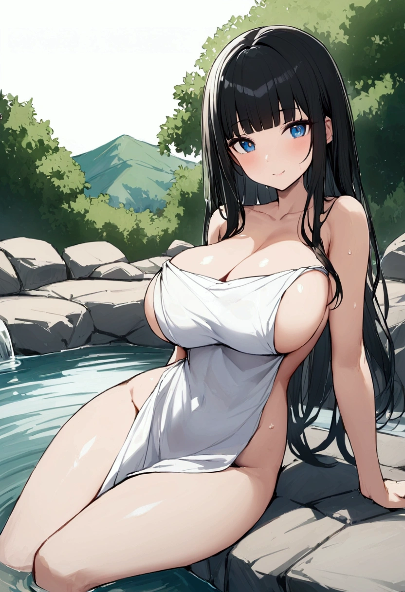 Hime cut with long black hair、Has straight bangs and blue eyes、A girl with big breasts is relaxing in a hot spring。She is soaking in warm water wrapped in a bath towel.。The background features a traditional Japanese hot spring landscape.、Steam rises、Nature is all around。The girl has a calm and satisfied look.。