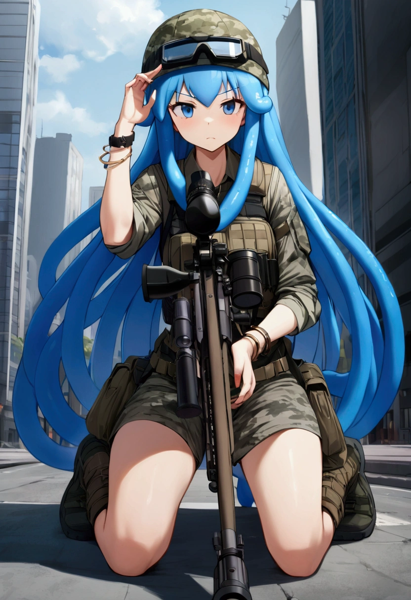(Ultra-high resolution), (masterpiece), (Attention to detail), (high quality), (最high quality) , th, blue hair, tentacle hair, blue eyes, long hair, hat, bracelet, tentacles, 1 girl, alone, ((Sniper)), Sniperライフル, Tactical Gear, Urban Background, skyscraper, Camouflage, Sniper pose, Serious expression, goggles, Urban Camo, Kneeling