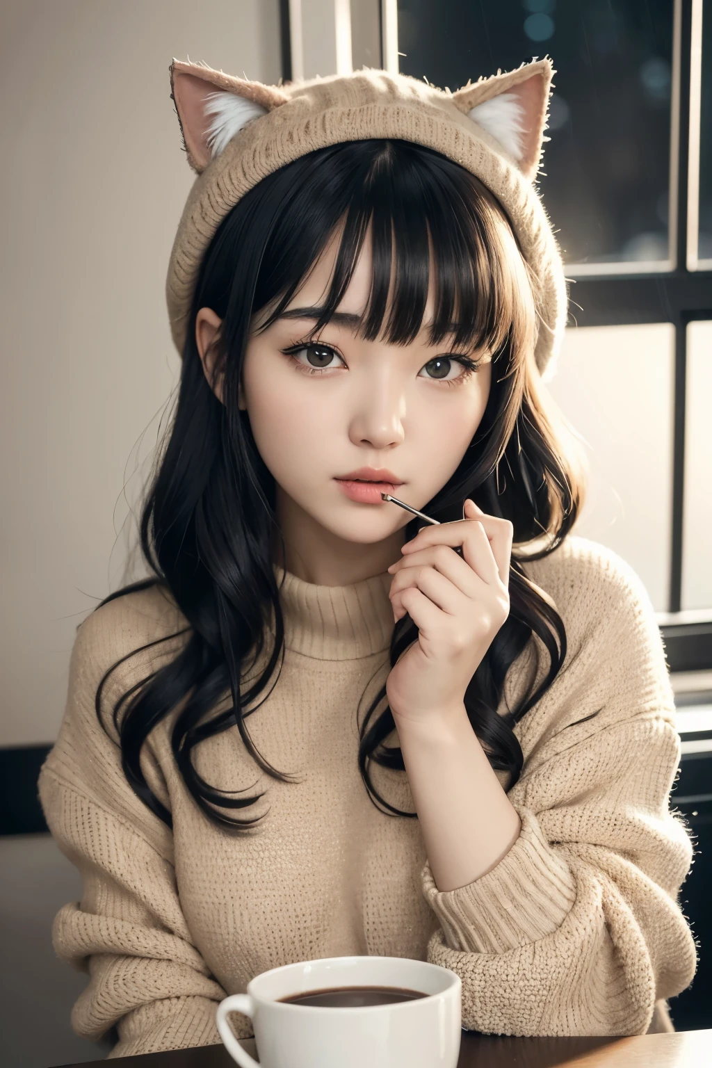 ((best qualityer)), ((work of art)), (detailded),cute japanese,((1girl)),alone,18 years old, ((porcelain cut white skin)),((black eyes)),(black long wavy hair,with bangs),((flushed skin)),,(Alone),(best quality: 1.4), (Ultra high resolution: 1.2), (photorealistic: 1.4), 8k resolution,Absurd, ultra detailed, sharp focus, cinematic lighting, Detailed Beautiful Face,wearing a beige sweater, sweatpants,red cap,black cat ears,,drinking hot chocolate, little light in the kitchen, it's night, it's raining,night outside, dark