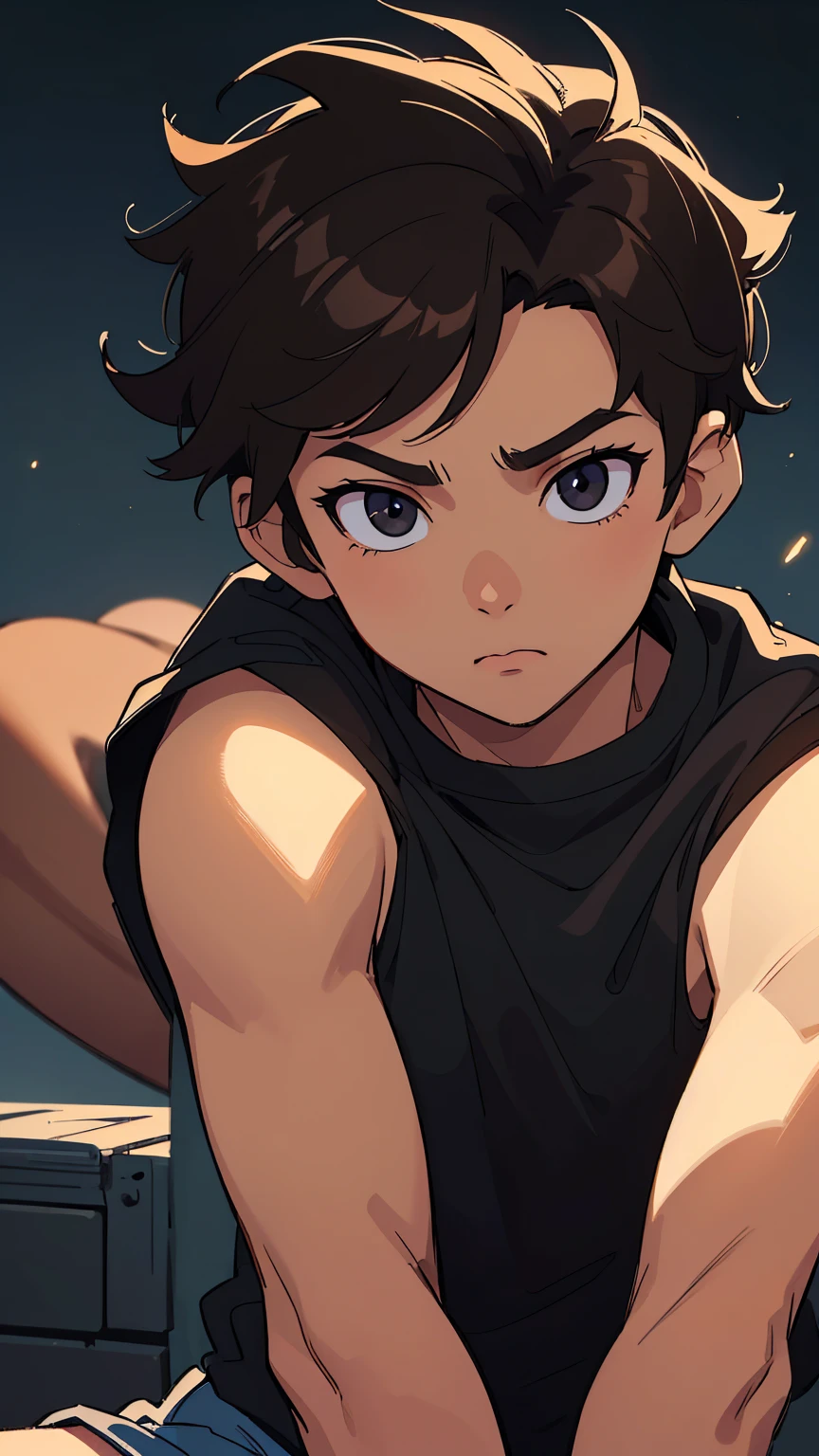 A 19 year-old boy, light brown skin,thick lips, short curly black hair, dark brown eyes, black tank top, Zenitsu Agatsuma style, looking at camera, (best quality, 4k, 8k, highres, masterpiece: 1.2), ultra-detailed ,portrait,cinematic lighting,dramatic shadows,vivid colors,highly detailed facial features,extremely detailed eyes and face,longeyelashes,beautifully lit,perfect composition  