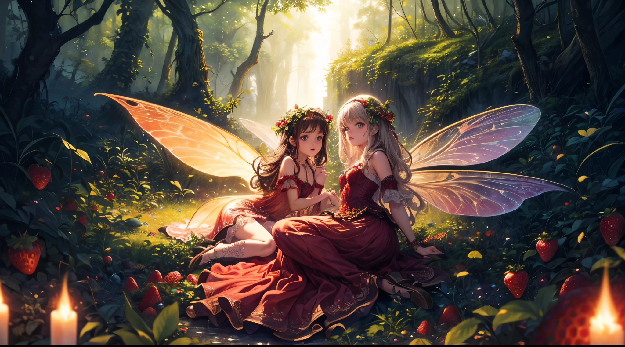 ( Absurd, High quality, ultra-detailed, masterpiece, concept art, smooth, highly detailed artwork, hyper-realistic painting ) , tiny , strawberry girl, Strawberries, cute, whole body, Romantic, Vivid, dreamy, fantasy, fairy wings, in the forest, enchanting glow, very detailed art, reveal clothes, sexy lace underwear