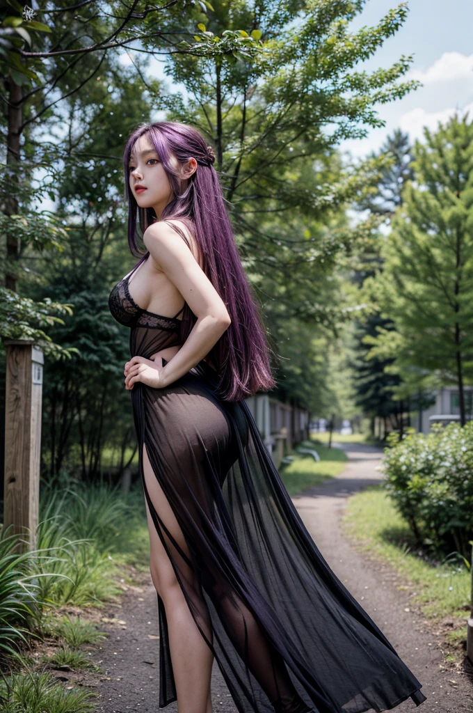 masterpiece, Highest quality, Absurd, Perfect Anatomy, One girl, alone, Fernfrielen, Very long hair, Purple eyes, (Purple Eyes), Black Lingerie, Large Breasts, Outdoor, forest, Standing with hands on hips