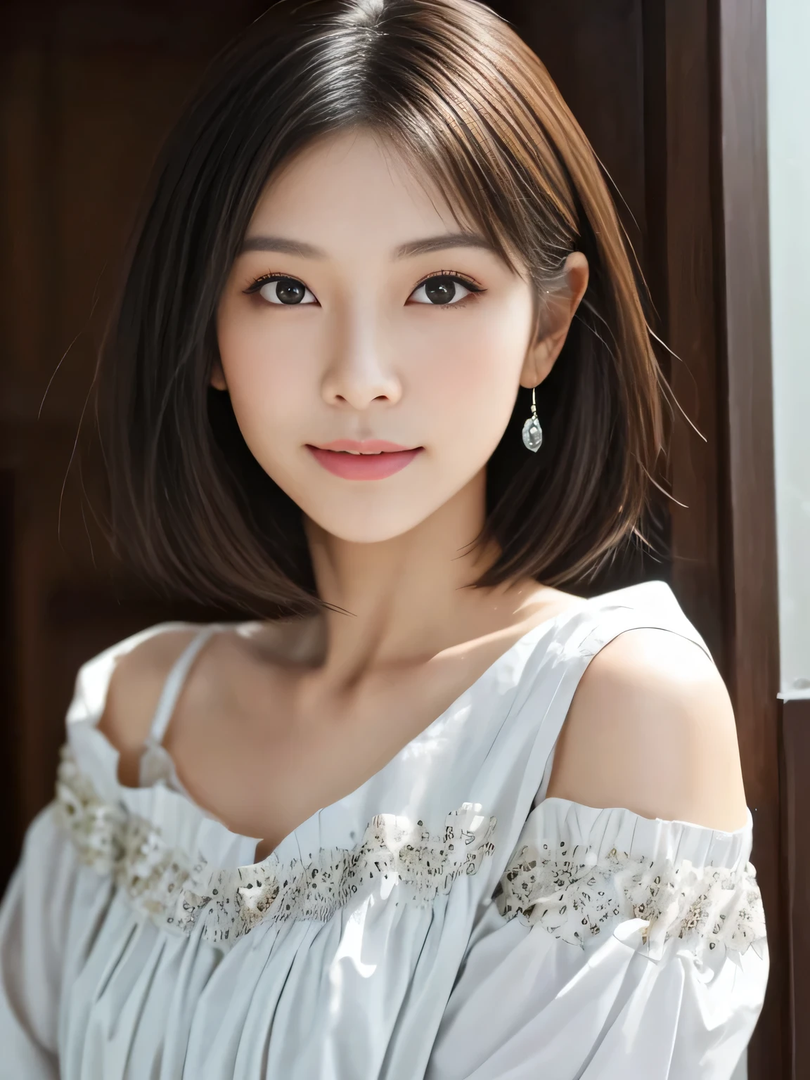 Beautiful 30 year old Japanese woman、Bust-up shot from below、Short Bob Cut、Dark brown eyes、Detailed Eyes、Detailed iris、Detailed face、Brown Hair Color、Beautiful Hair、Big smile (Facing the viewer)、Off-the-shoulder T-shirt、Perfect Makeup、eye shadow、Eyeliner、False eyelashes、Shooting in front of the door、Portrait、Exquisite details、Depth of written boundary、(Detailed face: 1.2)、(Detailed Eyes: 1.2)、(Detailed background)、(Gradation)、Shiny skin、Sharp focus、8k、uhd、high quality、Exquisite details、Very detailed、Captivating silhouette、(Very beautiful face: 1.2)、Facing the viewer、Mature Woman、Mature Woman、((Center image))、detailed、masterpiece、