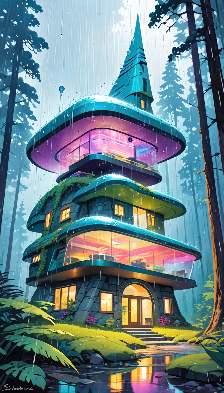 fantastic house, magic house, futuristic stone house, forest, rain, (simple oil painting in a style to Bill Sienkiewicz)