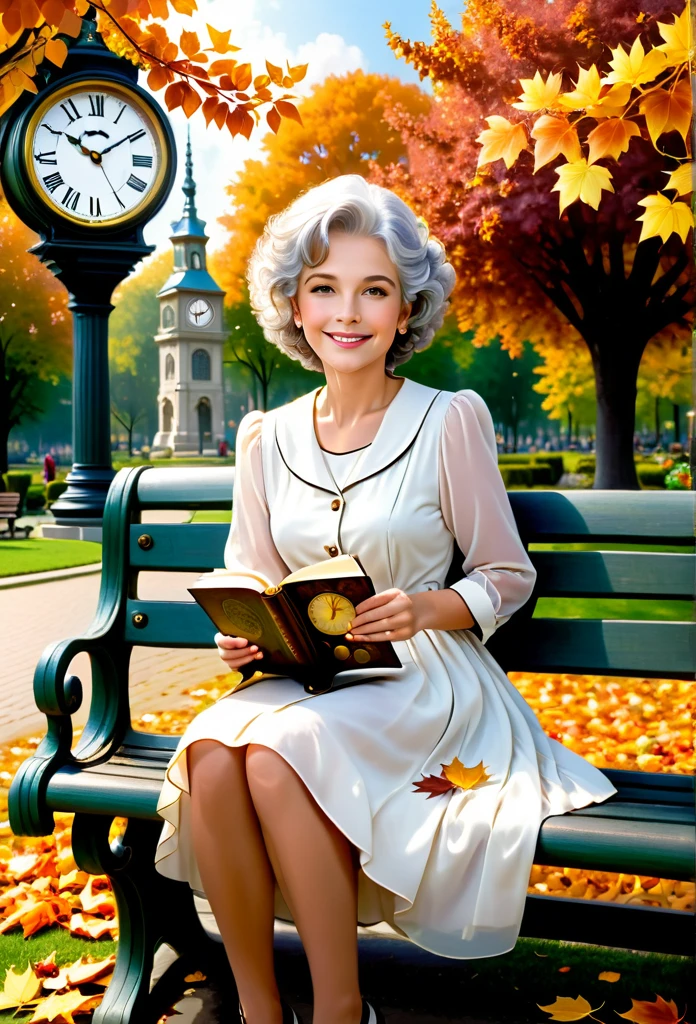 "A sequence of four images, each showing the same beautiful woman next to a clock, symbolizing the passage of time:infancy:
1. A of approximately five years old, with golden curls and a simple white dress, plays happily next to a large antique clock in the garden filled with colorful flowers. She smiles radiantly, with eyes shining with joy and innocence, while the clock ticks the hours of your childhood.
2. Adolescence: the same , now a teenager of about fifteen, is sitting on a wooden swing in a serene park. Dressed in a light summer dress, she looks dreamily at the horizon, with the large clock next to it marking the passage of time, symbolizing your curiosity and hope for the future.
3. adult: The young woman, now about thirty years old, is elegantly dressed in a modern business ensemble. She's in a busy city, standing next to a cafe, holding a cup of coffee in his hand and looking confidently forward. The large tower clock behind her strikes noon., representing your active and dynamic phase of life.
4. elderly: the same mulher, now an elderly lady with gray hair, sits on a park bench, surrounded by fallen autumn leaves. She smiles serenely, with a look of wisdom and peace, while holding an old photo album. The large clock in the background marks the twilight of the day, symbolizing contentment and reflection on a life well lived."
