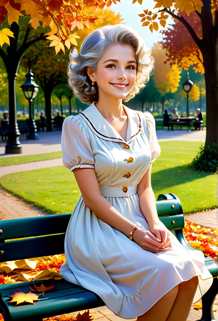 "A sequence of four images, each showing the same beautiful woman next to a clock, symbolizing the passage of time:infancy: 
1. A  of approximately five years old, with golden curls and a simple white dress, plays happily next to a large antique clock in the garden filled with colorful flowers. She smiles radiantly, with eyes shining with joy and innocence, while the clock ticks the hours of your childhood.
2. Adolescence: the same , now a ager of about fifteen, is sitting on a wooden swing in a serene park. Dressed in a light summer dress, she looks dreamily at the horizon, with the large clock next to it marking the passage of time, symbolizing your curiosity and hope for the future.
3. adult: The young woman, now about thirty years old, is elegantly dressed in a modern business ensemble. She's in a busy city, standing next to a cafe, holding a cup of coffee in his hand and looking confidently forward. The large tower clock behind her strikes noon., representing your active and dynamic phase of life.
4. elderly: the same mulher, now an elderly lady with gray hair, sits on a park bench, surrounded by fallen autumn leaves. She smiles serenely, with a look of wisdom and peace, while holding an old photo album. The large clock in the background marks the twilight of the day, symbolizing contentment and reflection on a life well lived."
