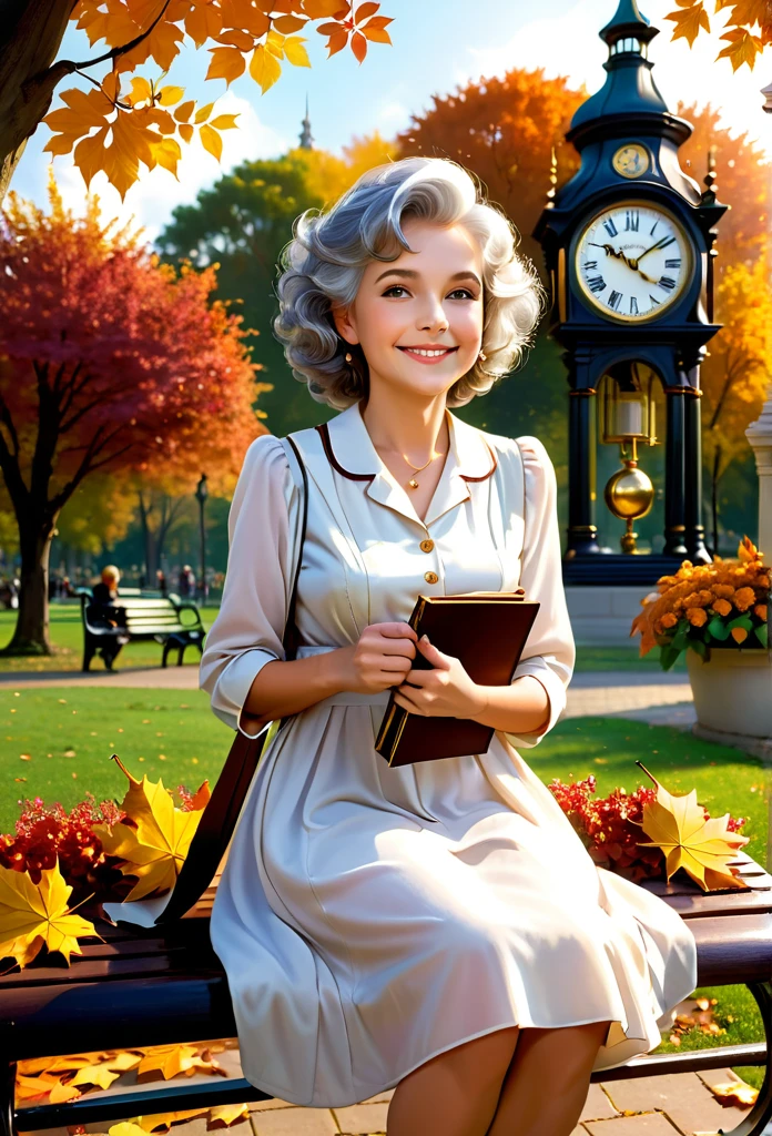"A sequence of four images, each showing the same beautiful woman next to a clock, symbolizing the passage of time:infancy:
1. A of approximately five years old, with golden curls and a simple white dress, plays happily next to a large antique clock in the garden filled with colorful flowers. She smiles radiantly, with eyes shining with joy and innocence, while the clock ticks the hours of your childhood.
2. Adolescence: the same , now a teenager of about fifteen, is sitting on a wooden swing in a serene park. Dressed in a light summer dress, she looks dreamily at the horizon, with the large clock next to it marking the passage of time, symbolizing your curiosity and hope for the future.
3. adult: The young woman, now about thirty years old, is elegantly dressed in a modern business ensemble. She's in a busy city, standing next to a cafe, holding a cup of coffee in his hand and looking confidently forward. The large tower clock behind her strikes noon., representing your active and dynamic phase of life.
4. elderly: the same mulher, now an elderly lady with gray hair, sits on a park bench, surrounded by fallen autumn leaves. She smiles serenely, with a look of wisdom and peace, while holding an old photo album. The large clock in the background marks the twilight of the day, symbolizing contentment and reflection on a life well lived."