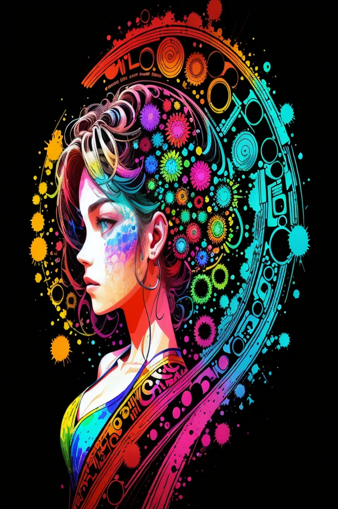 not 0MIB style,t shirt design,Side portrait of a girl in a bikini,colorfully,Prismatic Shards,Scribble lines,Reflect fractal circles,ink spatter,melting brush strokes,particle vortex,dramatic lighting,high qualiy, comely,Masterpiece artwork