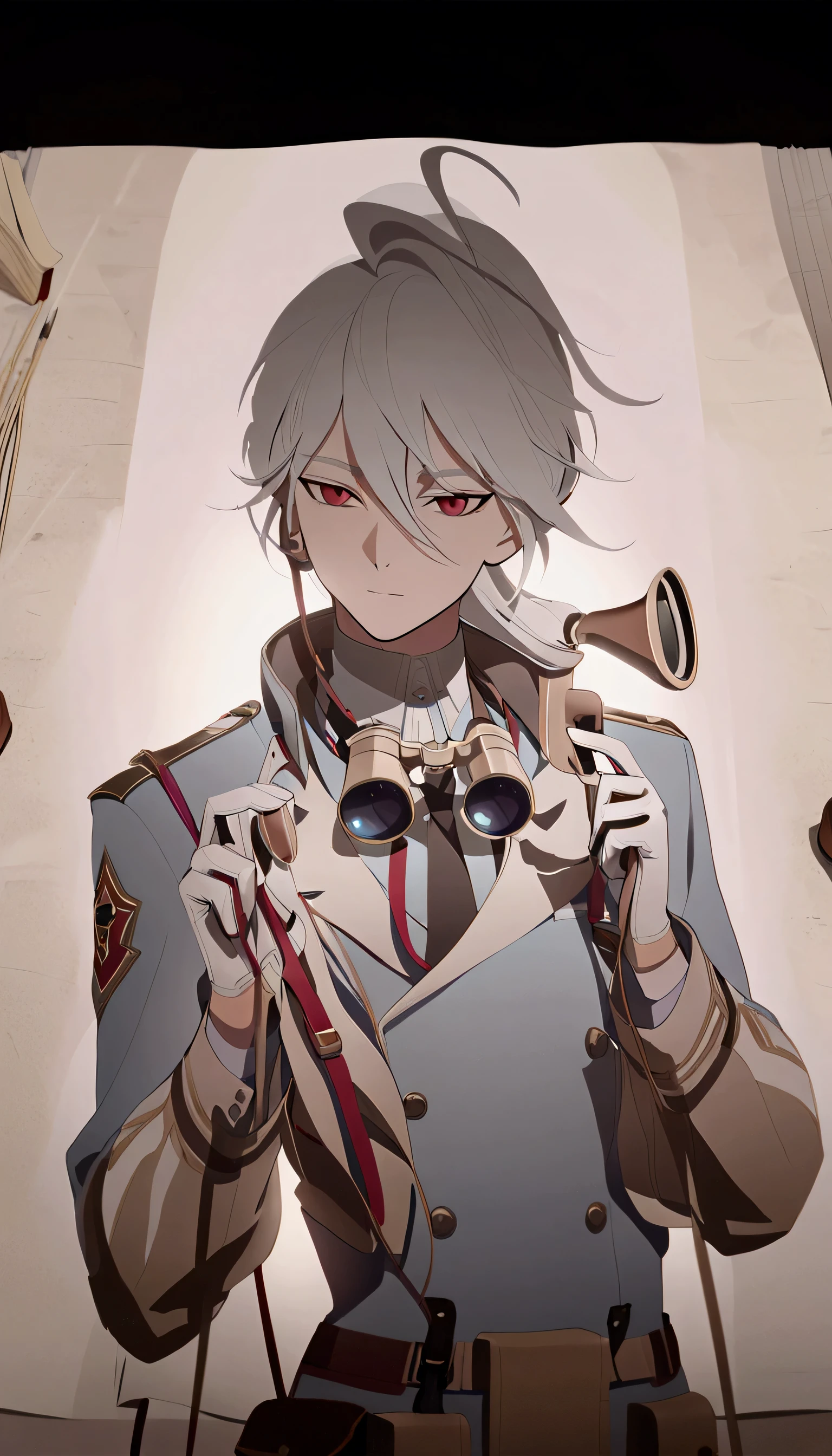 Coloring the line drawing，White hair，Blue tuxedo，White gloves，Red eyes，Brown binoculars around the neck，detail，Light and Shadow，shadow