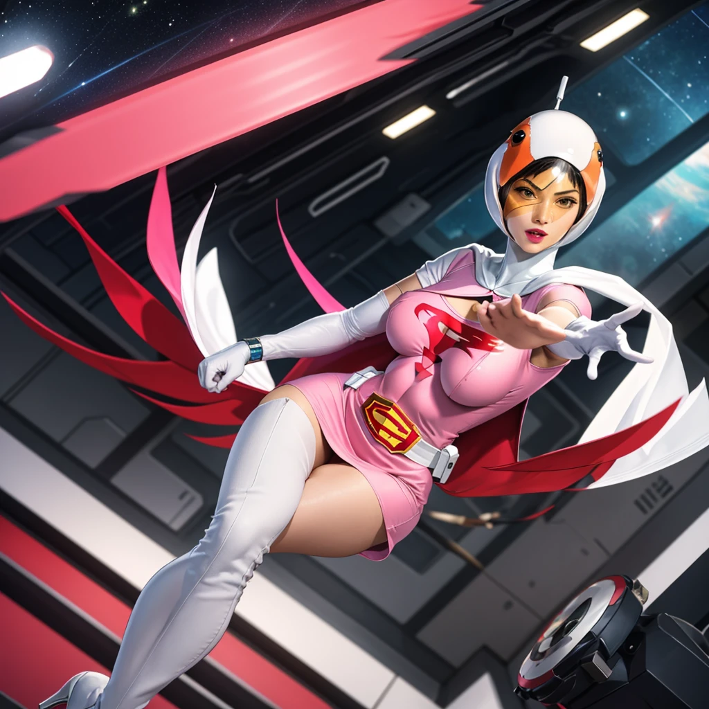 ANI_CLASSIC_jun_gatchaman_ownwaifu,1girl, yo,good anatomy, masterpiece, best quality,realistic, hyper realistic, 16k hdr, long hair,breasts,lips,large breasts,lipstick,makeup,gloves,cape,helmet,belt,elbow gloves,white gloves,mask,ultra miniskirt,leotard,spacesuit,white tight overknee highheels boots,pink dress,superhero,bodysuit,cleavage,erected nipples,(fighting poses)