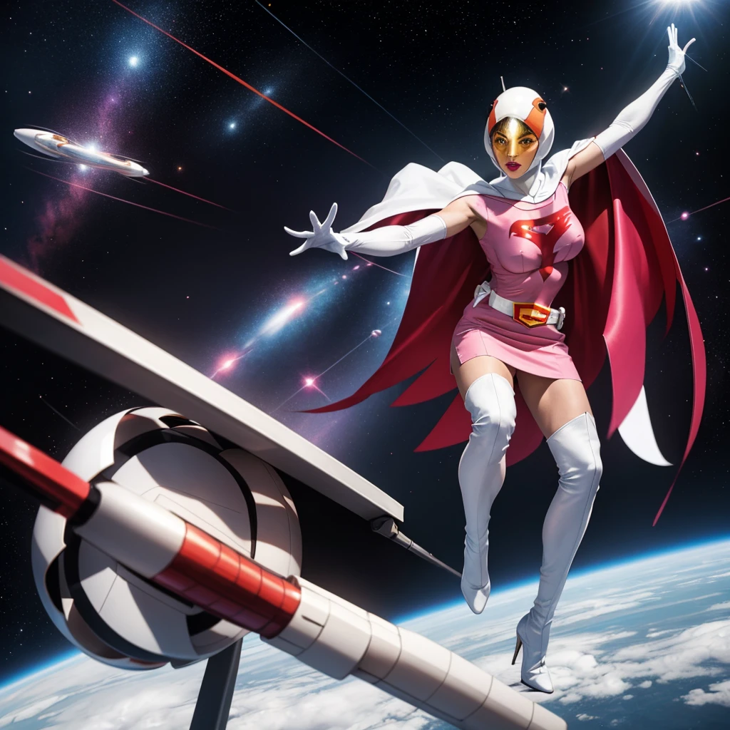 ANI_CLASSIC_jun_gatchaman_ownwaifu,1girl, 15yo,good anatomy, masterpiece, best quality,realistic, hyper realistic, 16k hdr, long hair,breasts,lips,large breasts,lipstick,makeup,gloves,cape,helmet,belt,elbow gloves,white gloves,mask,ultra miniskirt,leotard,spacesuit,white tight overknee highheels boots,pink dress,superhero,bodysuit,cleavage,erected nipples,(fighting poses)