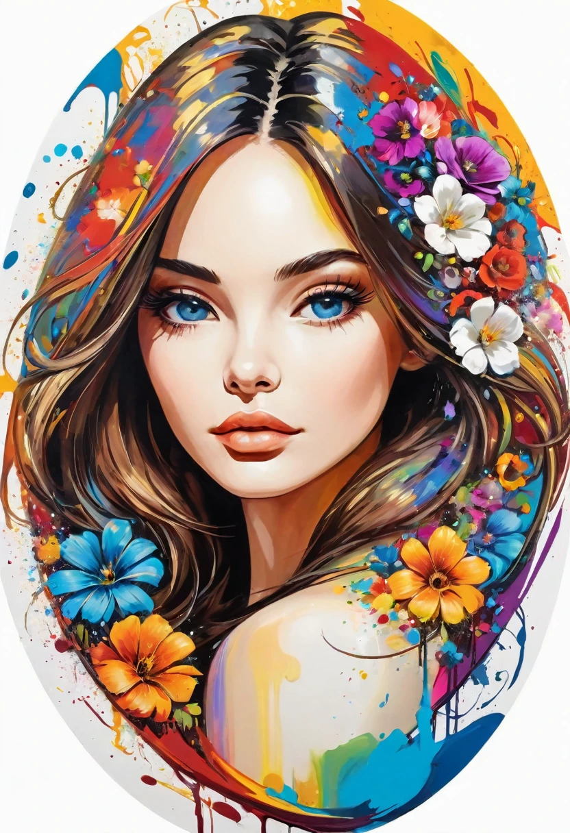 work of art, oval initial art with flowers, downtown, rich and colorful, rich and colorful arte inicial, to tear down、Painting with scattered paint, magical, Stylized abstract portrait of a beautiful girl，Street graffiti, White background