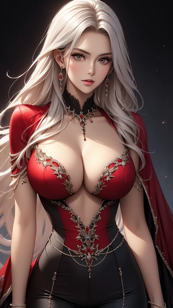 Closeup, Best quality, masterpiece, realistic, Beautiful sexy cool tall, slim, fit woman, wearing fancy silver-red sequin top and black pants, intricate and highly detailed, cleavage, long silver hair, body chain, jewelry.