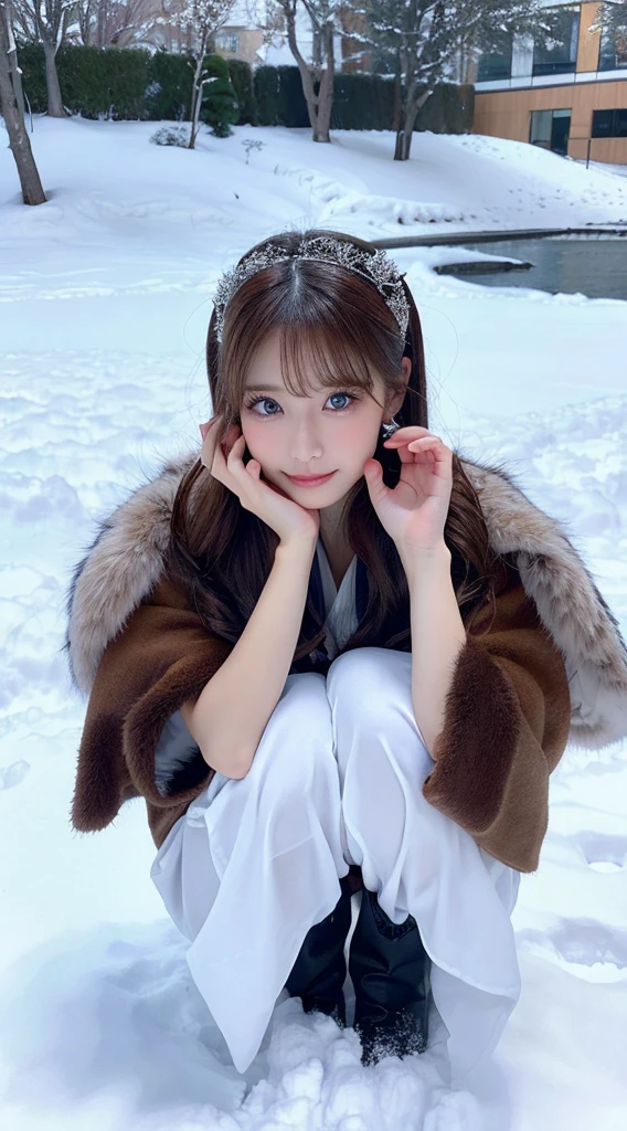 (Best quality, 8K, 32K，The details are super clear),Photorealistic, high resolution, 1 Japan Women, Solo, (Lolita costume)，Gorgeous costumes，Face the audience，(The upper part of the body，upper legs)， beautidful eyes, Brown hair, ringed eyes, (outside，Heavy snowfall，Thick fur cape，Cover with snow)，snowfield，Blue eyes，Illustrations of the highest quality，A meticulous face