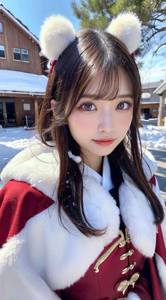 (Best quality, 8K, 32K，The details are super clear),Photorealistic, high resolution, 1 Japan Women, Solo, (****ta costume)，Gorgeous costumes，Face the audience，(The upper part of the body，upper legs)， beautidful eyes, Brown hair, ringed eyes, (outside，Heavy snowfall，Thick fur cape，Cover with snow)，snowfield，Blue eyes，Illustrations of the highest quality，A meticulous face