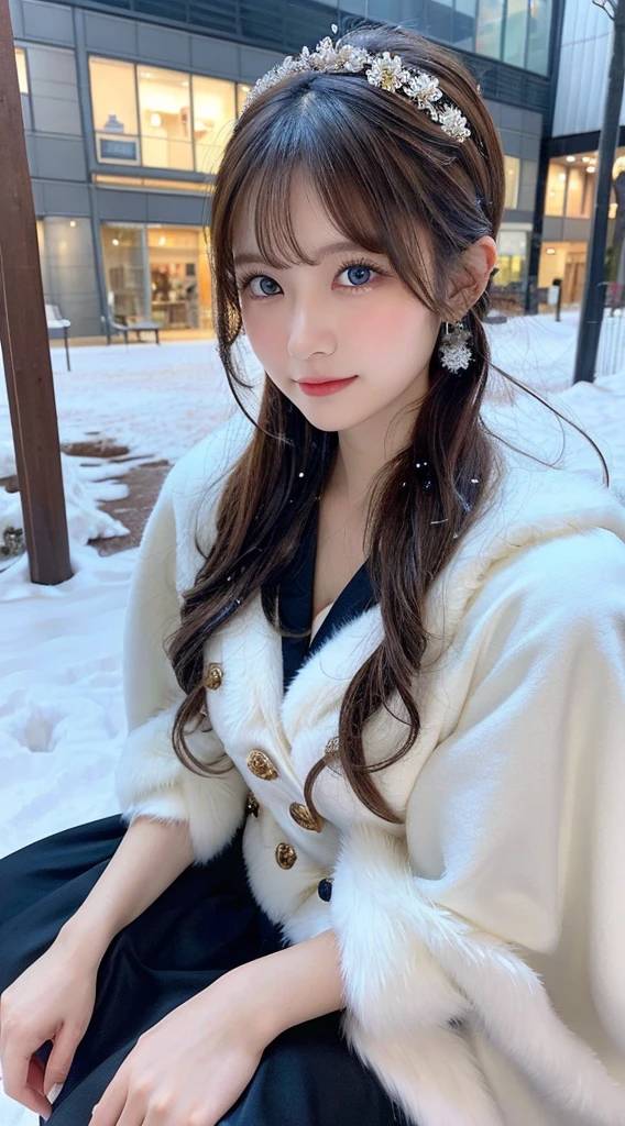 (Best quality, 8K, 32K，The details are super clear),Photorealistic, high resolution, 1 Japan Women, Solo, (****ta costume)，Gorgeous costumes，Face the audience，(The upper part of the body，upper legs)， beautidful eyes, Brown hair, ringed eyes, (outside，Heavy snowfall，Thick fur cape，Cover with snow)，snowfield，Blue eyes，Illustrations of the highest quality，A meticulous face