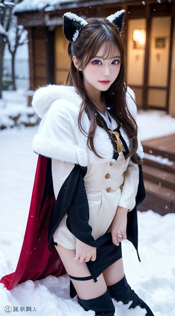 (Best quality, 8K, 32K，The details are super clear),Photorealistic, high resolution, 1 Japan Women, Solo, (****ta costume)，Gorgeous costumes，Face the audience，(The upper part of the body，upper legs)， beautidful eyes, Brown hair, ringed eyes, (outside，Heavy snowfall，Thick fur cape，Cover with snow)，snowfield，Blue eyes，Illustrations of the highest quality，A meticulous face