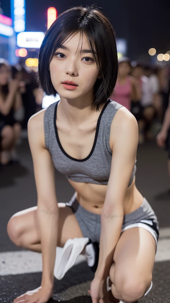 (on crowd night street, 1 girl, small breasts, gray sports bra and shorts, medium bob hair, Spread legs, squatting:1.5), fair-skinned, glossy lips, skinny, body type, delicate and sexy clavicle, highest quality, RAW photo, realistic, face, incredibly ridiculous beautiful girl, cute, Depth of bounds written, High resolution, ultra detail, detailed, Very detailed, extremely detailed eye and face, sharp pupils, sharp focus, cinematic lighting