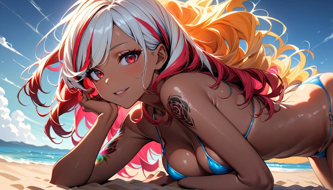 (highest quality:1.2, Very detailed, up to date, Vibrant, Ultra-high resolution, High Contrast, masterpiece:1.2, highest quality, Best aesthetics), Portraiture、girl、singer、Bright colors、Beautiful fine details、Beautiful lip detail、midium wave hair、red and white ((streaked hair:1.6)), highlights hair: 1.5, red eyes, slim body, middium breast, (tan skin:1.1), standing、((colorful micro bikini:1.3)), (Floral Fineline tattoo design on left arm:1), Resolute expression、Avid Fan、Rock star aura、beautiful beach, day, sun shine, blue sky, (Crawl on all fours on the sandy beach), from side, (full body)