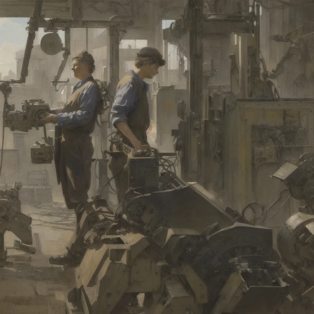 A picture of a man working with machines in a factory, Summer Morning, By Rudolf Schlichter, Marcello Baccialelli, early morning, John Alexander, Hernan Law, Inspired by Józef Pankiewicz, Written by Saul Tepper, Sunday afternoon, By Robert Berenyi, alexey egorov