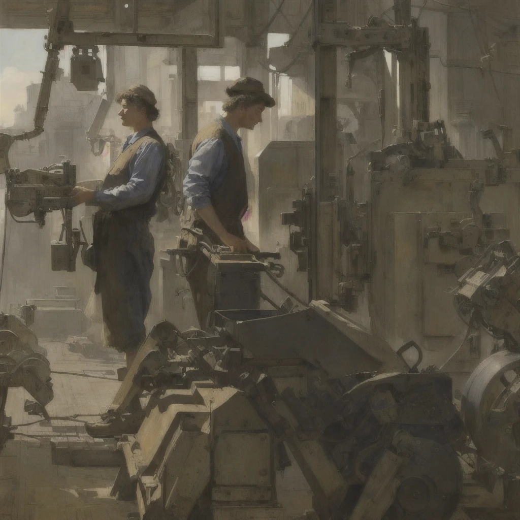A picture of a man working with machines in a factory, Summer Morning, By Rudolf Schlichter, Marcello Baccialelli, early morning, John Alexander, Hernan Law, Inspired by Józef Pankiewicz, Written by Saul Tepper, Sunday afternoon, By Robert Berenyi, alexey egorov