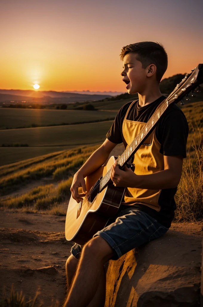 A boy singing and playing the guitar in a sunset landscape 