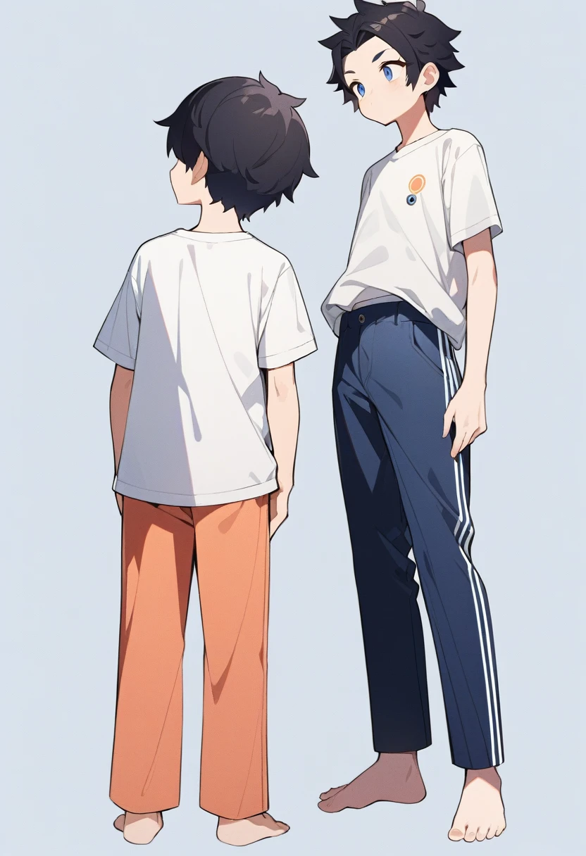 masterpiece, best quality, very aesthetic, absurdres, flat anime, 2D, anime taste, anime paint, (2d illustration:1.2), ((chibi)), deformation,
((1boy)),black hair, (short hair:1.5),blue eyes, height 1.7meters, (circle eyes:1.2), (young adult:1.2), Ear-length sideburns,
short sleeves White T-shirt, barefoot, ((long pants)),
stunned,
((from behind)), upper body, looking away, looking at another,
simple background