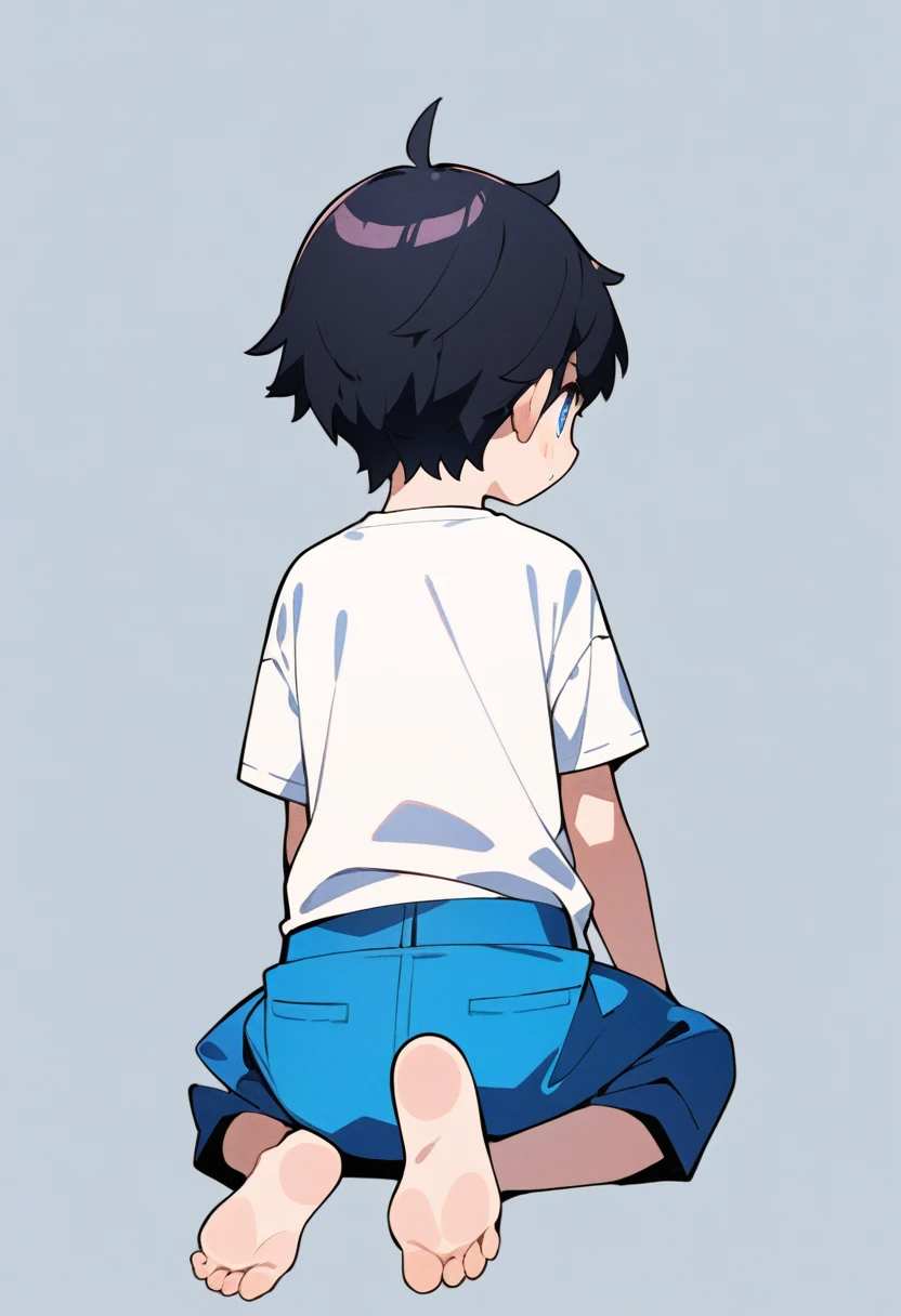 masterpiece, best quality, very aesthetic, absurdres, flat anime, 2D, anime taste, anime paint, (2d illustration:1.2), ((chibi)), deformation,
((1boy)),black hair, (short hair:1.5),blue eyes, height 1.7meters, (circle eyes:1.2), (young adult:1.2), Ear-length sideburns,
short sleeves White T-shirt, barefoot, ((long pants)),
stunned,
((from behind)), upper body, looking away, looking at ther,
simple background