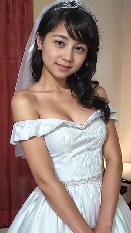 Young girl in wedding dress and updo, Off-shoulder neckline, and a long veil. her face is young and innocent, small breasts. She looks at the camera with a playful expression. Detailed artwork with vivid illustrations, Realistic colors, Capture every detail. The medium of digital painting, Guaranteed best quality and high resolution (4K or 8K). soft and romantic lighting, creating a dream-like atmosphere. The overall color is warm and gentle................, Highlight the joy and beauty of your wedding scene.frontage、full body Esbian