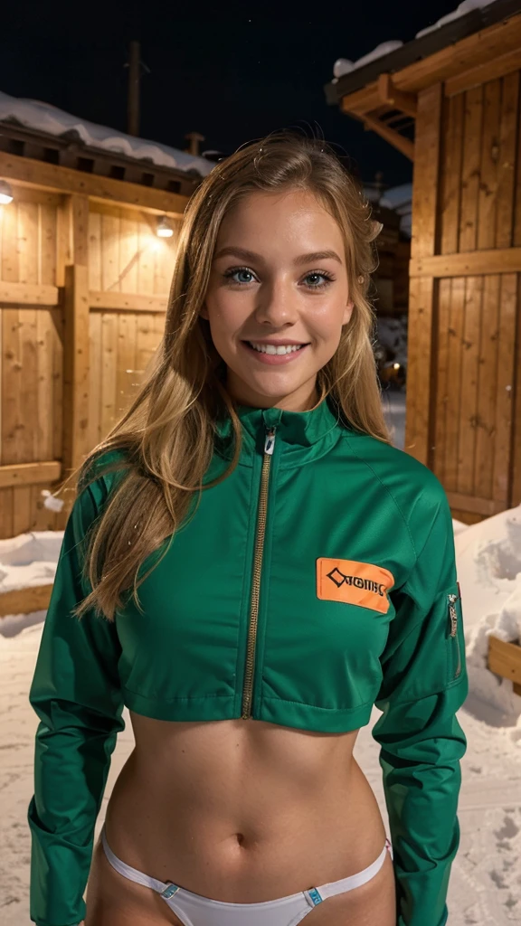 Lily Bowman), posing, modeling in the ski resort , with dark orange sport outfit design, sexy smile, full body, best quality, blur night background with Green Eyes, , Ultra Realistic, Meticulously Detailed, Portrait, Blonde Hair and Big Eyes, Selfie of a Young Woman, Green Eyes, No Makeup, Natural Makeup, Looking Directly at the Camera, face artgram, subtle make-up, Impressive photo, stand, with sexy smile, Medium and large size chest, allowing the face to be seen clearly ski resort.