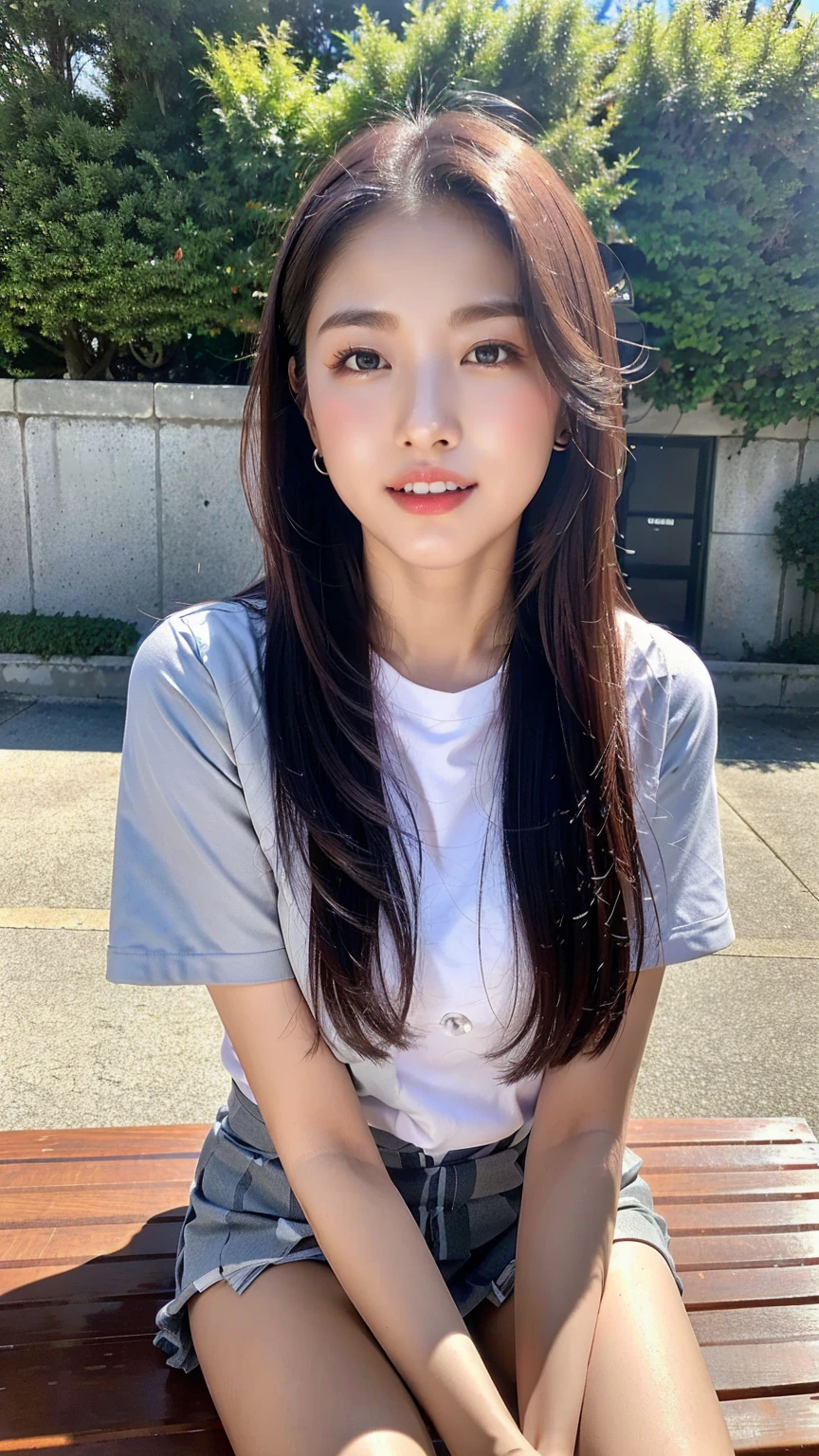 (8k), (best quality: 1.2), (realistic), (realistic: 1.37), ultra high resolution, 1 girl, cute, laugh, closed mouth, beautiful details, beautiful nose, wet hair, red lip,one point piercing,huge two cells, pork, thighs,Self Snap,College student ,sunny day,I can see the sea,sitting on bench,cross one's legs,look down,from above,(Simple dark gray blazer 1),(dark gray pleated skirt),(Dark Blue Bow Tie),(The skirt pattern is a tartan check pattern....:1.3),濡れたthighs,Knee High Tights,(thighsにクローズアップ1.2)