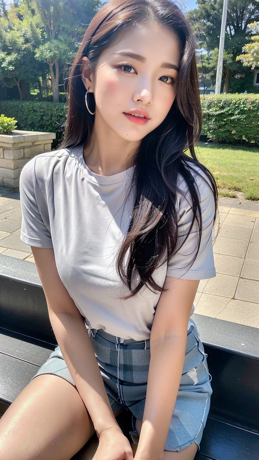 (8k), (best quality: 1.2), (realistic), (realistic: 1.37), ultra high resolution, 1 girl, cute, laugh, closed mouth, beautiful details, beautiful nose, wet hair, red lip,one point piercing,huge two cells, pork, thighs,Self Snap,College student ,sunny day,I can see the sea,sitting on bench,cross one's legs,look down,from above,(Simple dark gray blazer 1),(dark gray pleated skirt),(Dark Blue Bow Tie),(The skirt pattern is a tartan check pattern....:1.3),濡れたthighs,Knee High Tights,(thighsにクローズアップ1.2)