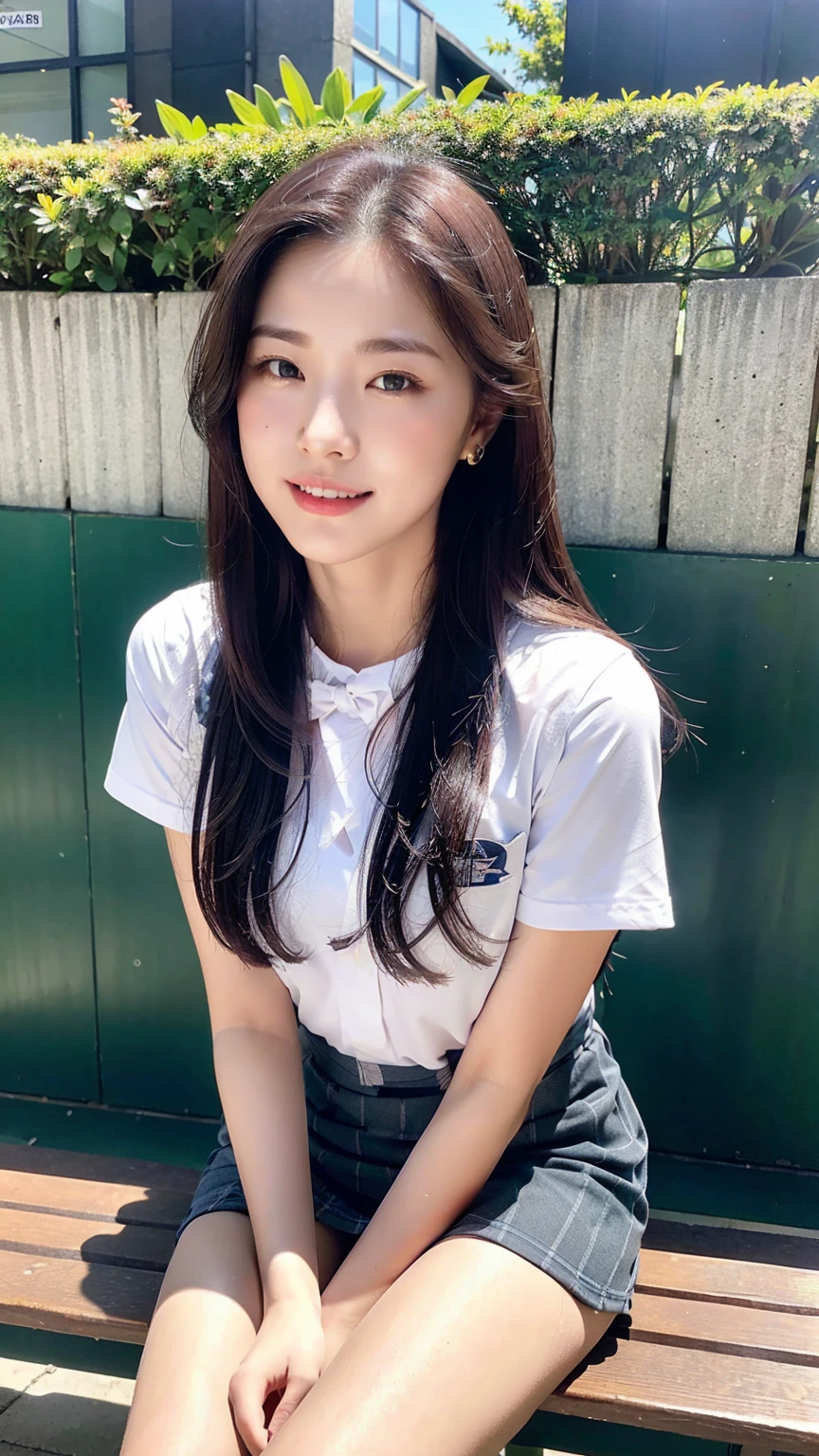 (8k), (best quality: 1.2), (realistic), (realistic: 1.37), ultra high resolution, 1 girl, cute, laugh, closed mouth, beautiful details, beautiful nose, wet hair, red lip,one point piercing,huge two cells, pork, thighs，Self Snap,College student ,sunny day,I can see the sea,sitting on bench,cross one&#39;s legs,look down,from above,(Simple dark gray blazer 1),(dark gray pleated skirt),(Dark Blue Bow Tie),(The skirt pattern is a tartan check pattern....:1.3),濡れたthighs,Knee High Tights,(thighsにクローズアップ1.2)