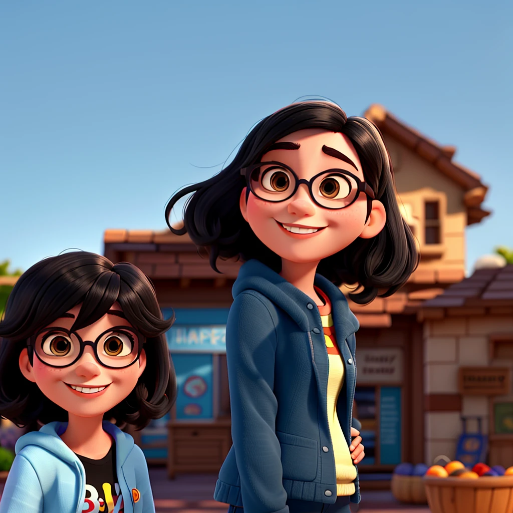 Disney Pixar style woman, smiling, slickedback hair, Bblack hair, dark hair, wearing glasses, looking at the camera, chubby, high qualiy, best qualityer
