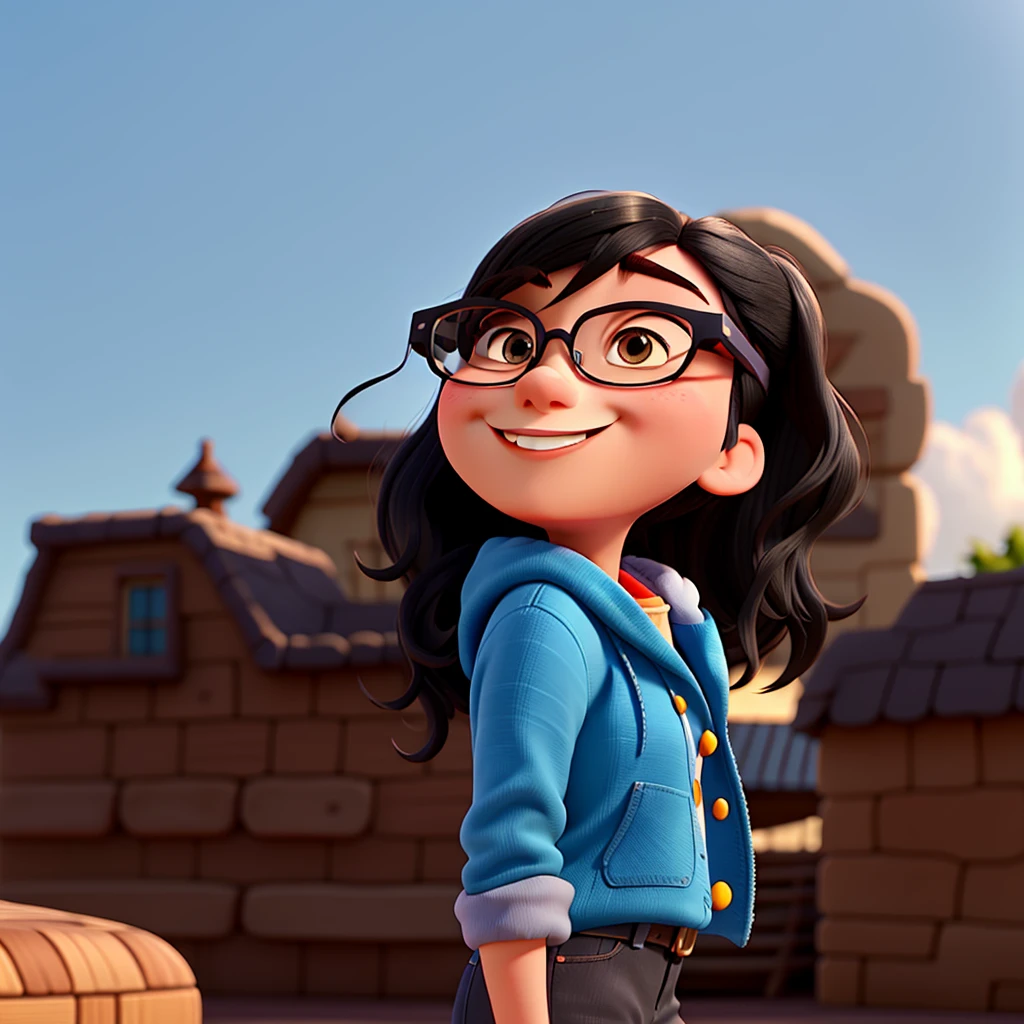 Disney Pixar style woman, smiling, slickedback hair, Bblack hair, dark hair, wearing glasses, looking at the camera, chubby, high qualiy, best qualityer