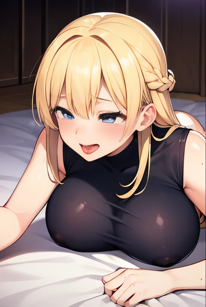 nsfw:1.2,prison,blonde,Braid,blue eyes,Big Breasts,blush,Sweat,Untidy face,light purple leotard,Super High Leg Cut,barefoot,Face down,Lying down,Sticking out tongue,saliva,looks happy,tickle,joy,shy,tears,Ahegao:1.5,Overflowing Sex Fluids、((vagina、SEX、1 Strong Man))、Penis insertion、Dynamic pose、Roll one&#39;s eyes、Nipple protrusionissionary position, spread legs:1.5, legs up:1.2))、bangs、On all fours