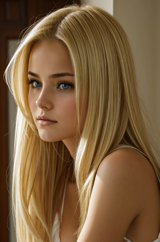 Beautiful blonde girl, shy, chaste, confused 