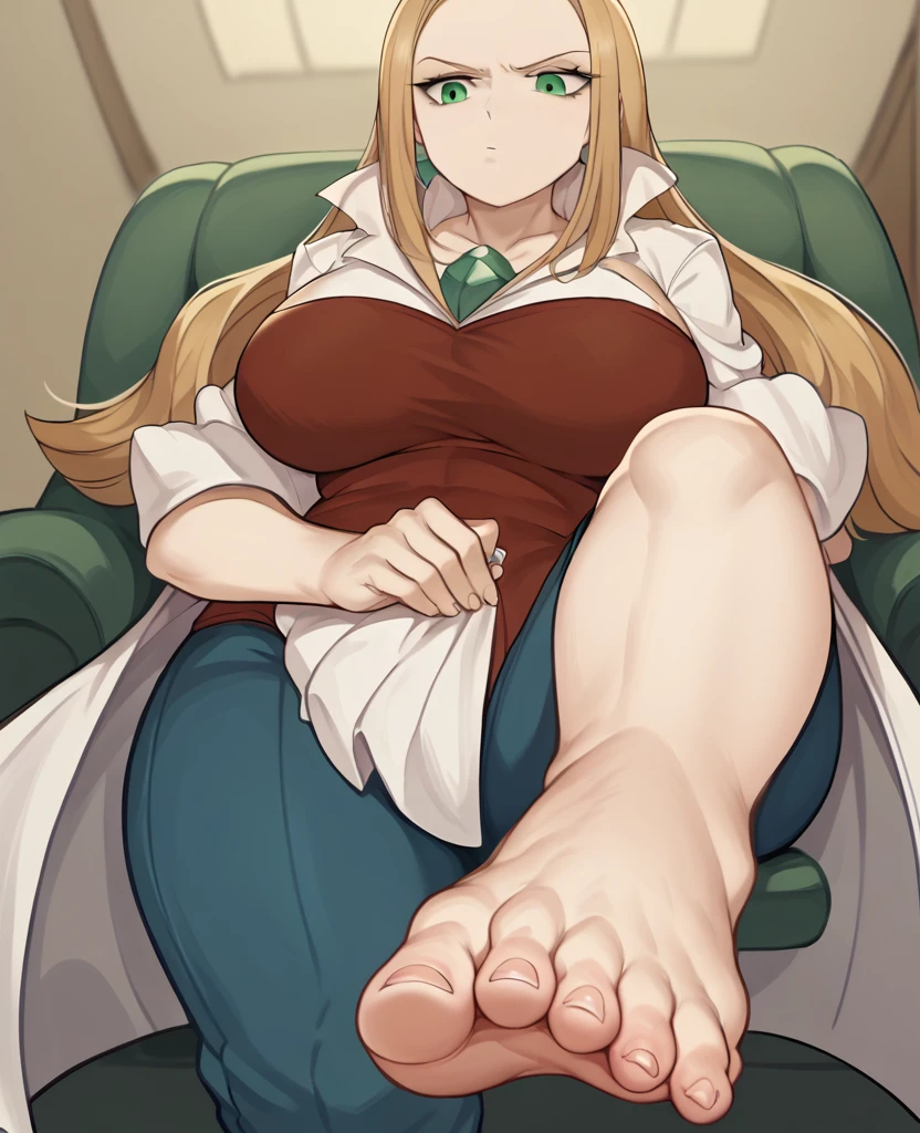 Best Quality, Masterpiece, ultra high resolution, a woman, hope (Pokémon), golden fur ., Green eyes, big breasts, annoyed look, Red shirt, White coat, blue pants, sitting in a chair, pies, barefoot, barefoot, soles of feet visible, View from below, sitting in a chair, background department, with a light blue room in the background , View from below