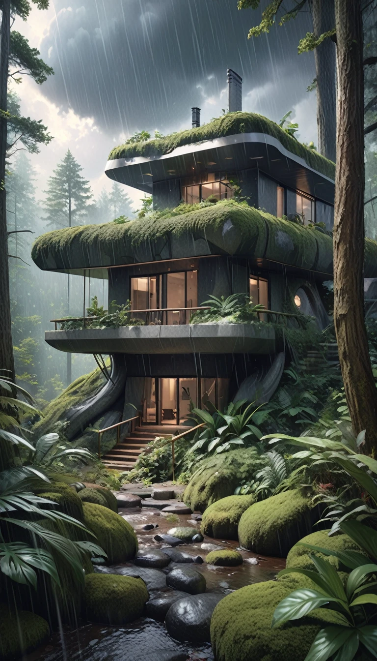 a fantastic futuristic stone house in a forest, rain, (best quality,4k,8k,highres,masterpiece:1.2),ultra-detailed,(realistic,photorealistic,photo-realistic:1.37),magical,dark moody colors,dramatic lighting,dramatic clouds,intricate details,highly detailed stone texture,lush overgrown forest,heavy rain,dynamic composition,dramatic shadows,Bill Sienkiewicz style
