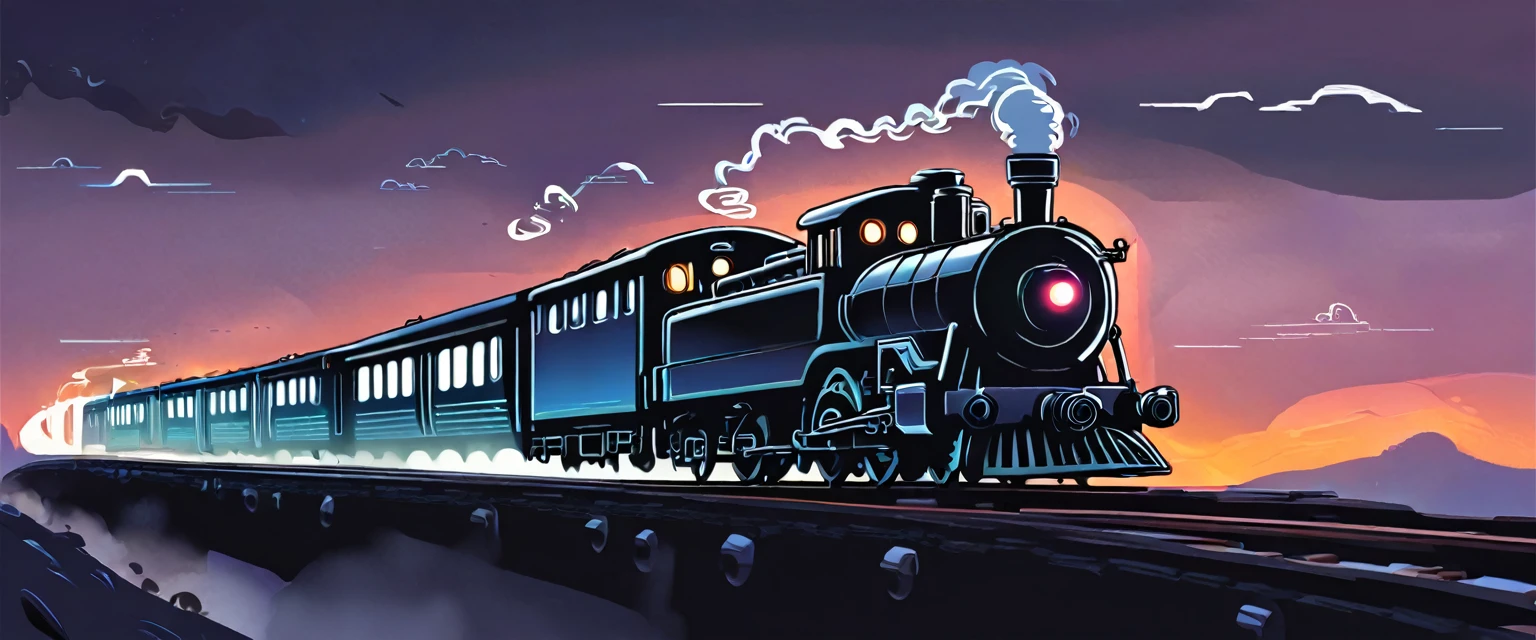 In this vector cartoon illustration style, we see a train moving through the misty dawn. The train is depicted as a steel serpent with its rhythmic heartbeat. The train's wheels are turning steadily, creating a soothing sound that echoes through the landscape. The rails sing a journey, as they guide the train towards its destination. The misty dawn adds to the dreamlike quality of the scene, making it feel like a magical and mystical experience. The illustration style is bold and clean, with vibrant colors and sharp lines that bring the image to life.