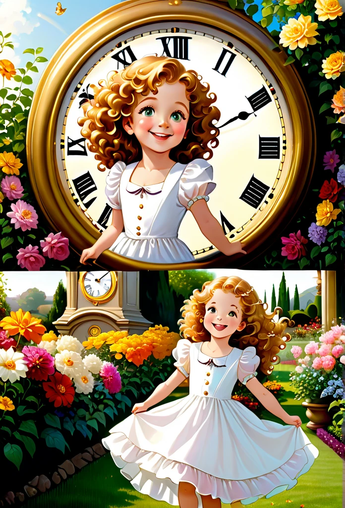 "A sequence of four images, each showing the same beautiful woman next to a clock, symbolizing the passage of time:infancy: 
1. A  of approximately five years old, with golden curls and a simple white dress, plays happily next to a large antique clock in the garden filled with colorful flowers. She smiles radiantly, with eyes shining with joy and innocence, while the clock ticks the hours of your childhood."