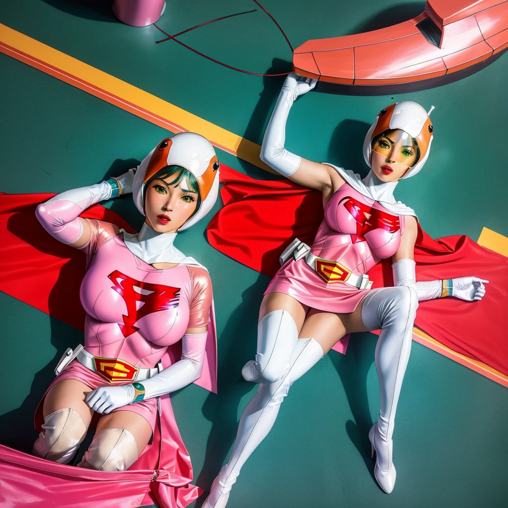 ANI_CLASSIC_jun_gatchaman_ownwaifu,1girl, 15 years old, good anatomy, masterpiece, best quality, realistic, hyperrealistic, 16k hdr, breasts, green eyes, lips, large breasts, lipstick, makeup, gloves, cape, helmet, belt, elbow gloves, white gloves, mask, ultra miniskirt, leotard, spacesuit, white tight overknee highheels boots, pink dress, superhero,bodysuit,(lying flat poses, view from above)