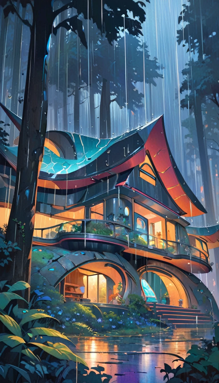 fantastic house, magic house, futuristic stone house, forest, rain, (simple oil painting in a style to Bill Sienkiewicz)