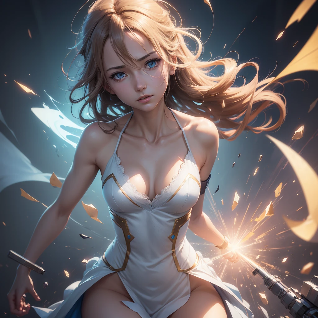 (Cinematic digital art: 1.3), high qualiy, work of art, maximum quality, super detaill, illustration, [digital art 4k]!!、 Kyoto animation style, a one woman, clavicle Beauty, clavicle, Lumiere, Have hope, blue sky, positive, defiance, motivation, sheen, dynamic perspective