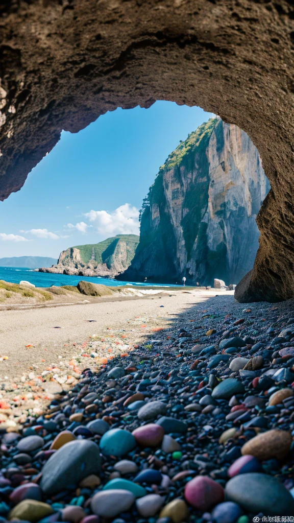 there is a rainbow in the sky over a beach with rocks and pebbles, seashore, Alpine Forest Landscape Photo,Steep mountain roads,Clear and transparent lake,wood,Bushes,Fallen leaves,Dawn Sun,Kasumi,Cliffs and mountains,Dilapidated,Lonely,cold,Foggy sky,Not a dazzling morning sun,Nightmare vision,Dark fantasy plot,Perfect and excellent composition,8k resolution,detailed,restricted,close ultra-wide angle shot,Realistic,Beautiful sky,Colorful clouds float,True to life, The private parts are clearly visible, Perfect perfection, Digital single-lens reflex camera, 1024, 2048, 4096, detailedな, sharp, Best Quality, high quality, Absurd,Unattended background,Very detailed、detailedな照明の影,Art Station Trends、Complex、expensivedetailed、dramatic、(Volumetric Lighting:1.2)HDR shot。(close,Super Depth of Field,Ultra Wide Angle,Microfocal Lenses:1.2)(Realistic:1.4)Masterpiece、expensive、expensive品質、beautiful photo,Global illumination magical beach, sunny rainbow galaxy stormy sea, by Igor Grabar, colorful hd picure, near the seashore, rainbow reflections, just one rainbow 8 k, beach landscape, still of rainbow ophanim, calm vivid colors, by Marie Bashkirtseff, beautiful beach