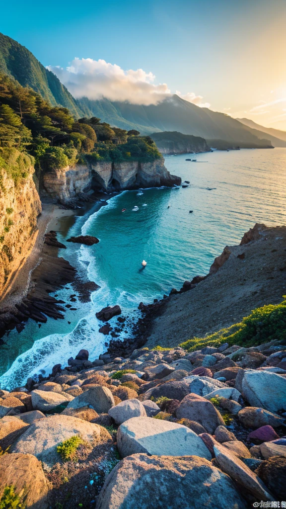 there is a rainbow in the sky over a beach with rocks and pebbles, seashore, Alpine Forest Landscape Photo,Steep mountain roads,Clear and transparent lake,wood,Bushes,Fallen leaves,Dawn Sun,Kasumi,Cliffs and mountains,Dilapidated,Lonely,cold,Foggy sky,Not a dazzling morning sun,Nightmare vision,Dark fantasy plot,Perfect and excellent composition,8k resolution,detailed,restricted,close ultra-wide angle shot,Realistic,Beautiful sky,Colorful clouds float,True to life, The private parts are clearly visible, Perfect perfection, Digital single-lens reflex camera, 1024, 2048, 4096, detailedな, sharp, Best Quality, high quality, Absurd,Unattended background,Very detailed、detailedな照明の影,Art Station Trends、Complex、expensivedetailed、dramatic、(Volumetric Lighting:1.2)HDR shot。(close,Super Depth of Field,Ultra Wide Angle,Microfocal Lenses:1.2)(Realistic:1.4)Masterpiece、expensive、expensive品質、beautiful photo,Global illumination magical beach, sunny rainbow galaxy stormy sea, by Igor Grabar, colorful hd picure, near the seashore, rainbow reflections, just one rainbow 8 k, beach landscape, still of rainbow ophanim, calm vivid colors, by Marie Bashkirtseff, beautiful beach